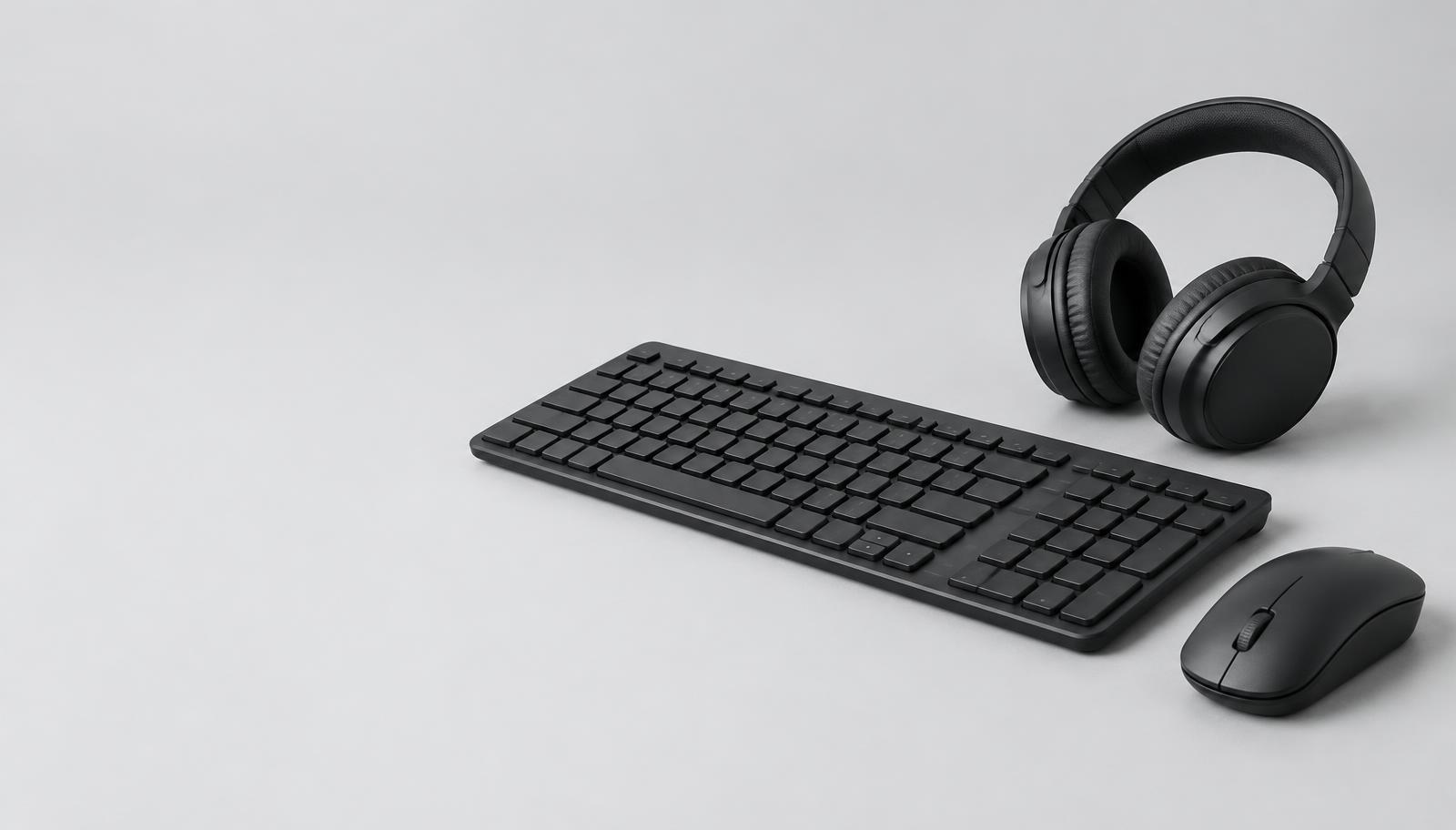 Teclado, mouse e fone de ouvido